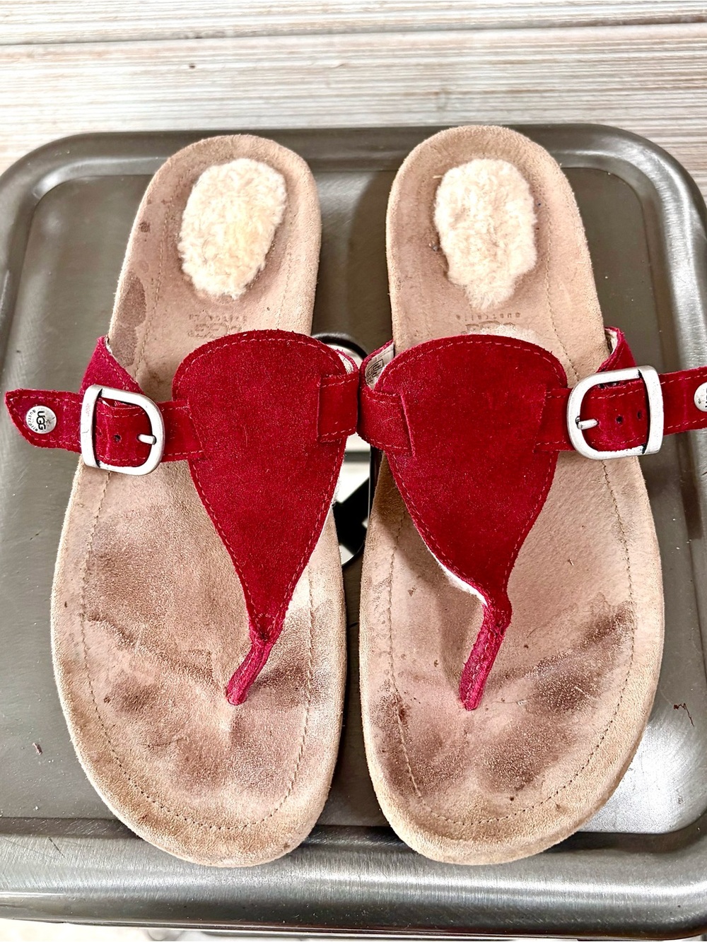 UGG Red Suede Buckle Thong Sandle